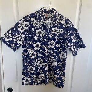 Hilo Hattie Short Sleeve Button Up Cotton Shirt Tropical Navy Blue Size Medium